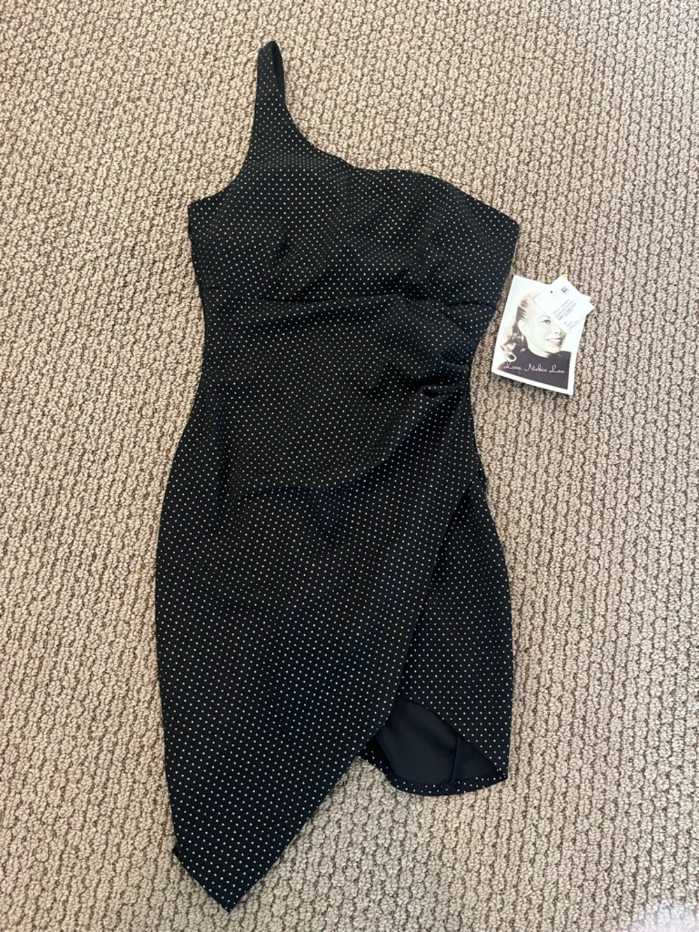 NWT Love, Nickie Lew Black Gold dot One Shoulder Asymmetrical Hem Body Con Dress